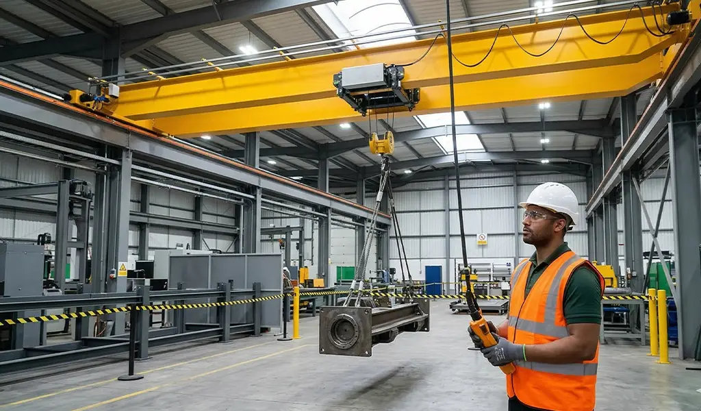 Operator using a remote control to safely guide an overhead hoist