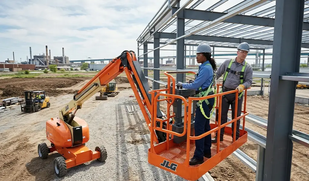 Two workers in safety harnesses operating an articulating boom lift on a construction site