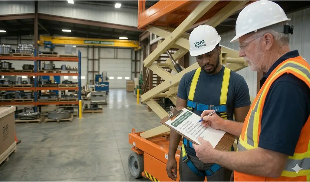 Workers receiving fall arrest training on an elevated platform