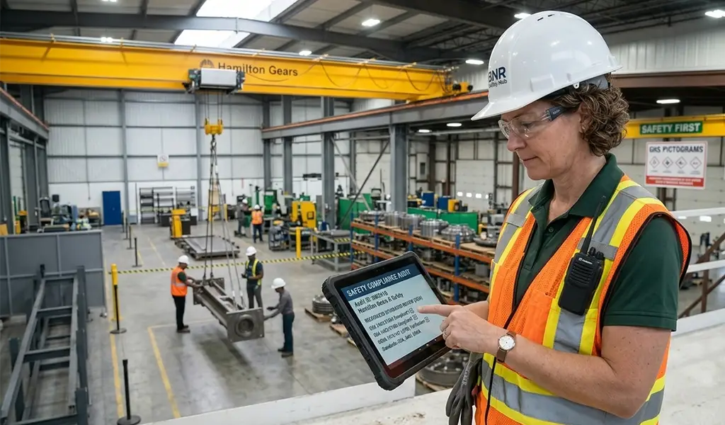 Safety manager reviewing compliance documents and recognized standards on a tablet