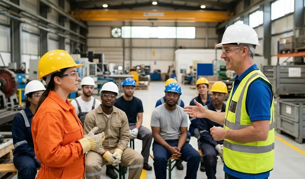 Safety trainer answering questions for a group of industrial workers