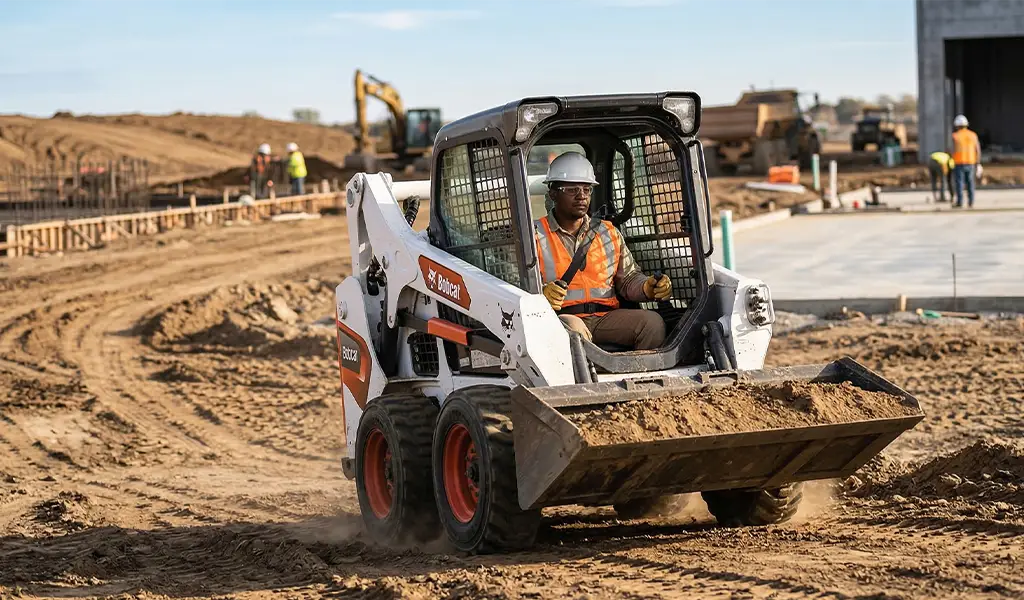 Operator safely driving a Bobcat skid steer on a dirt construction site