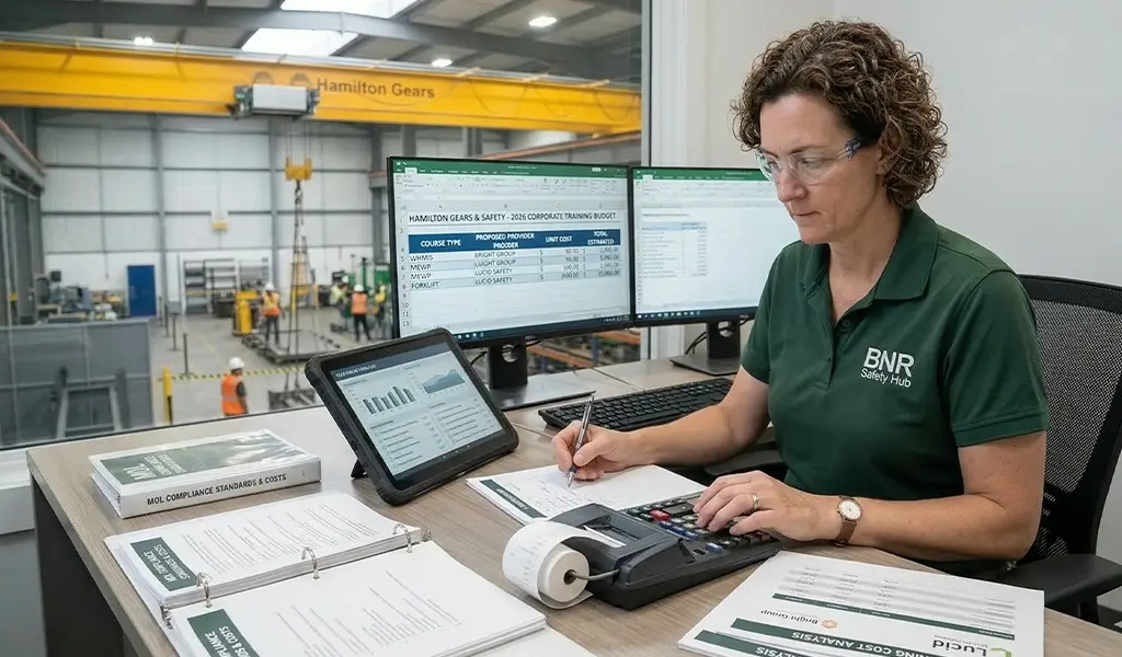 Safety manager calculating corporate training budget and compliance costs